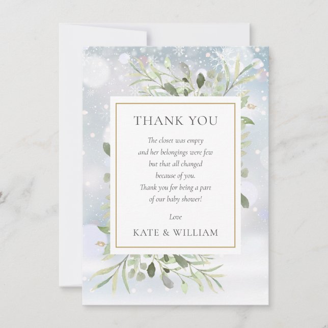 Winter Snowflakes Greenery Baby Shower Poem Thank You Card (Front)