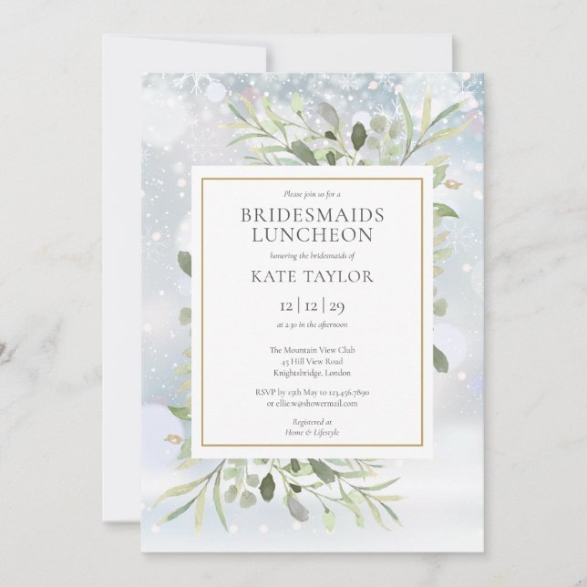 Winter Snowflakes Greenery Bridesmaids Luncheon Invitation (Front)