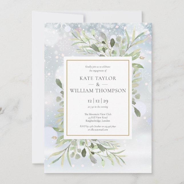 Winter Snowflakes Greenery Floral Engagement Invitation (Front)