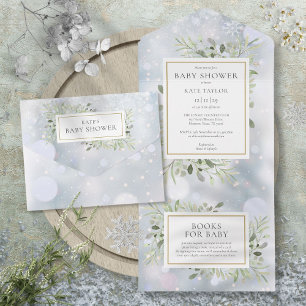 Winter Snowflakes Greenery Foliage Baby Shower All In One Invitation