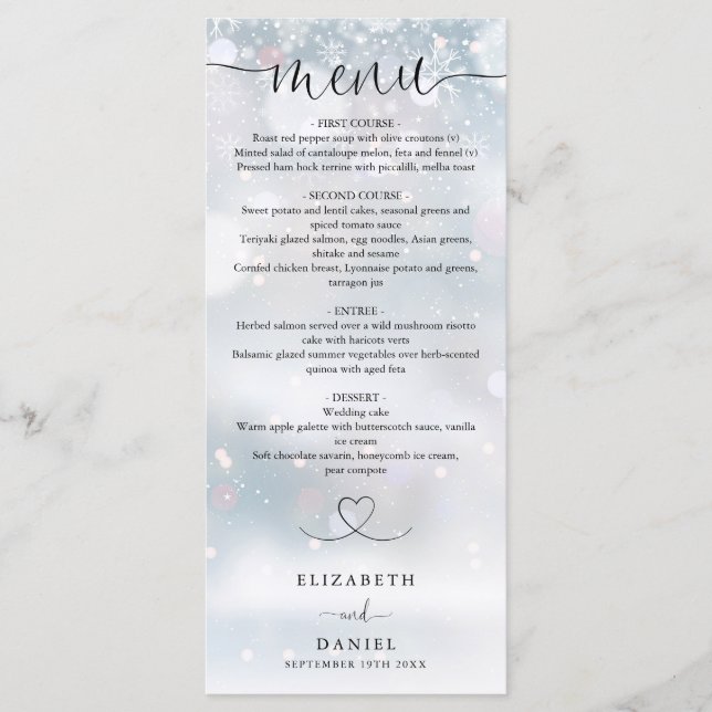 Winter Snowflakes Heart Script Wedding Dinner Menu (Front)