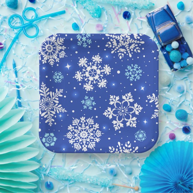 Winter Snowflakes In Blue  Paper Plate (Party)