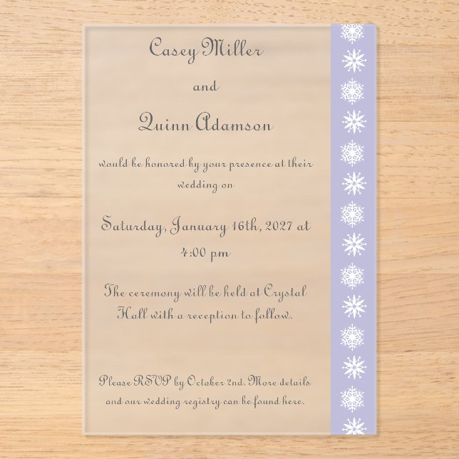 Winter Snowflakes in Lavender Acrylic Wedding  Invitations (Front)