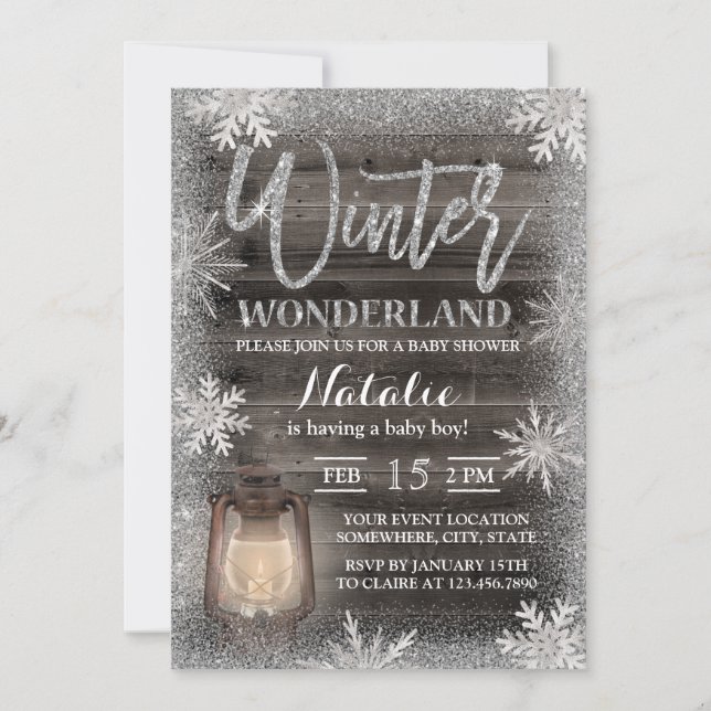 Winter Snowflakes & Lantern Barn Wood Baby Shower Invitation (Front)