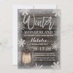 Winter Snowflakes & Lantern Barn Wood Baby Shower Invitation