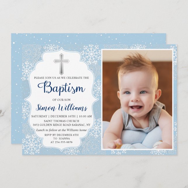 Winter Snowflakes Light Blue Silver Baptism Photo Invitation (Front/Back)