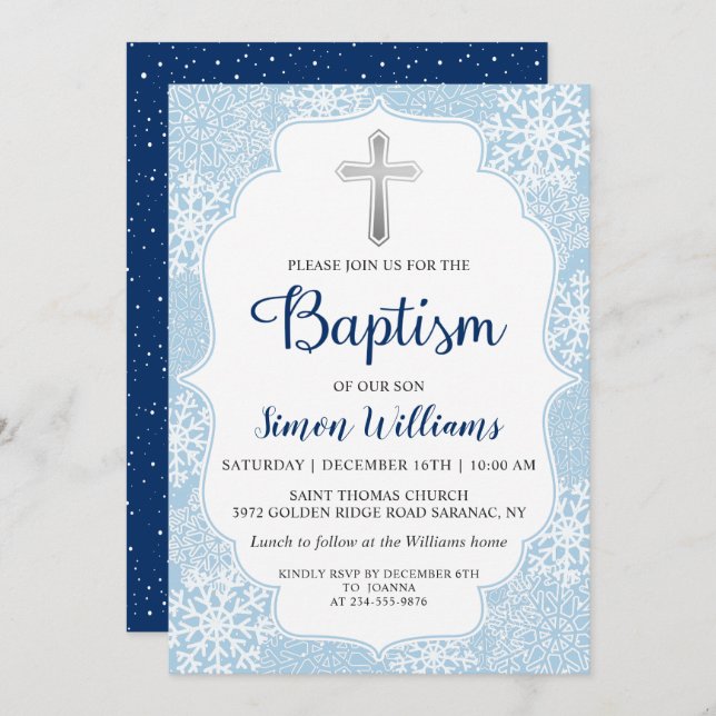 Winter Snowflakes Light Blue Silver Boy Baptism Invitation (Front/Back)