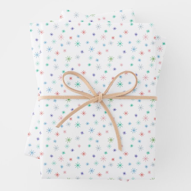 Winter Snowflakes Multicolor Retro Inspired Wrapping Paper Sheet (In situ)