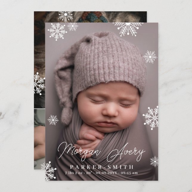 Winter Snowflakes Name Signature Script New Baby Announcement (Front/Back)