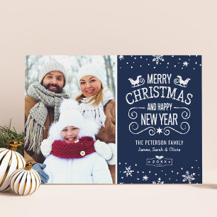 Winter Snowflakes Navy Blue Merry Christmas Photo Holiday Card