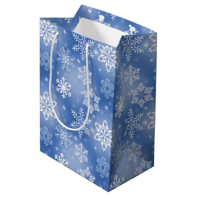 Winter Snowflakes On Blue Medium Gift Bag (Back Angled)