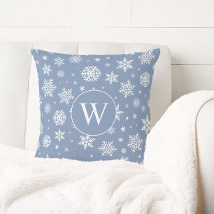 Winter Snowflakes on Light Blue Monogram Cushion