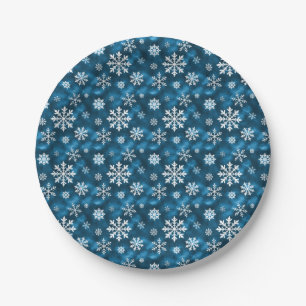 Winter Snowflakes Pattern On Cool Blue Background Paper Plate