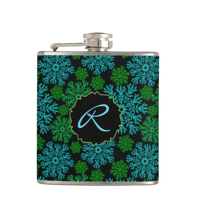 Winter Snowflakes Pattern with Monogram Hip Flask (Front)