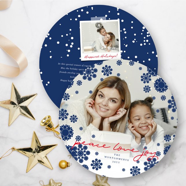 Winter Snowflakes Peace Love Joy Elegant Photo Holiday Card (Creator Uploaded)