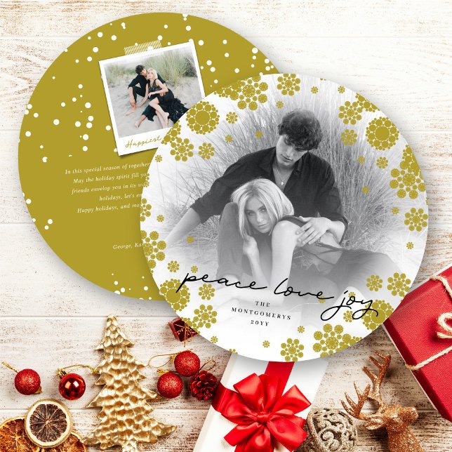 Winter Snowflakes Peace Love Joy Elegant Photo Holiday Card (Creator Uploaded)