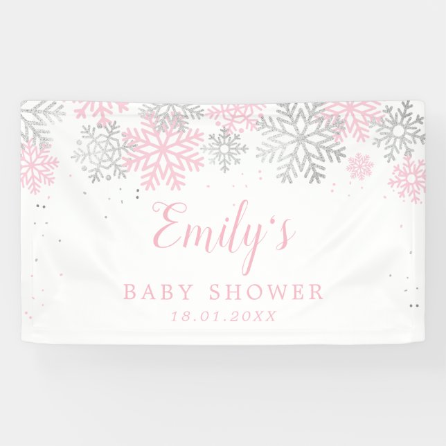 Winter Snowflakes Pink And Silver Girl Baby Shower Banner (Horizontal)
