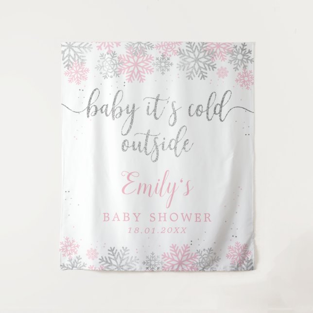 Winter Snowflakes Pink And Silver Girl Baby Shower Tapestry (Front)
