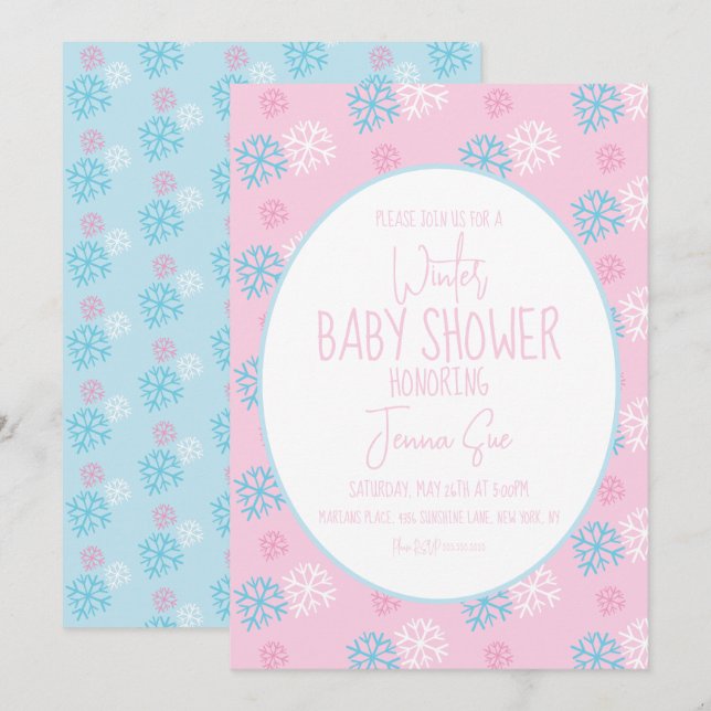 Winter Snowflakes Pink Blue Baby Shower  Invitation (Front/Back)