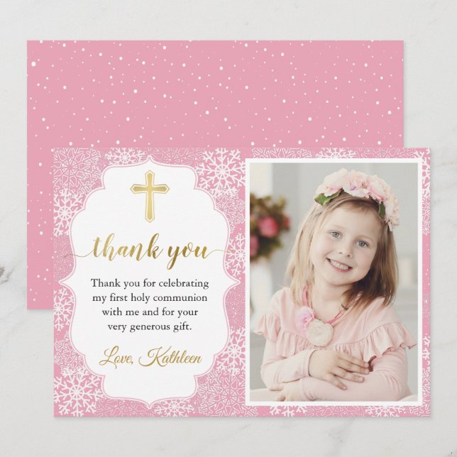 Winter Snowflakes Pink Girl First Communion Photo Thank You Card (Front/Back)