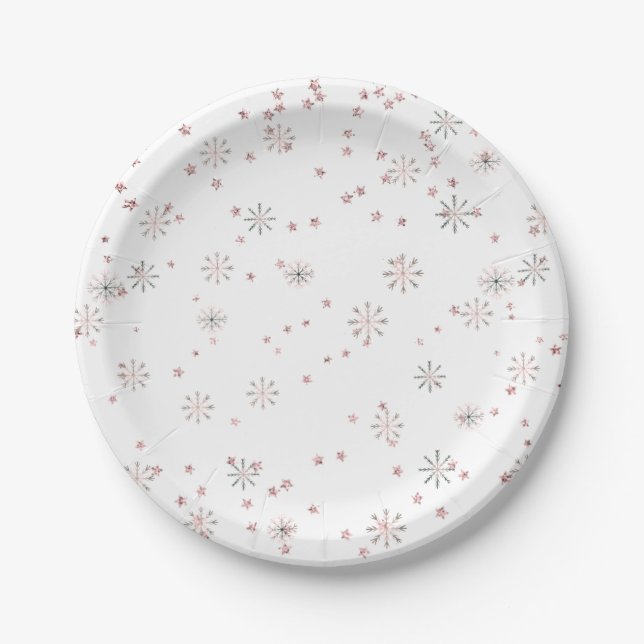 Winter Snowflakes Pink & Silver Paper Plate (Front)