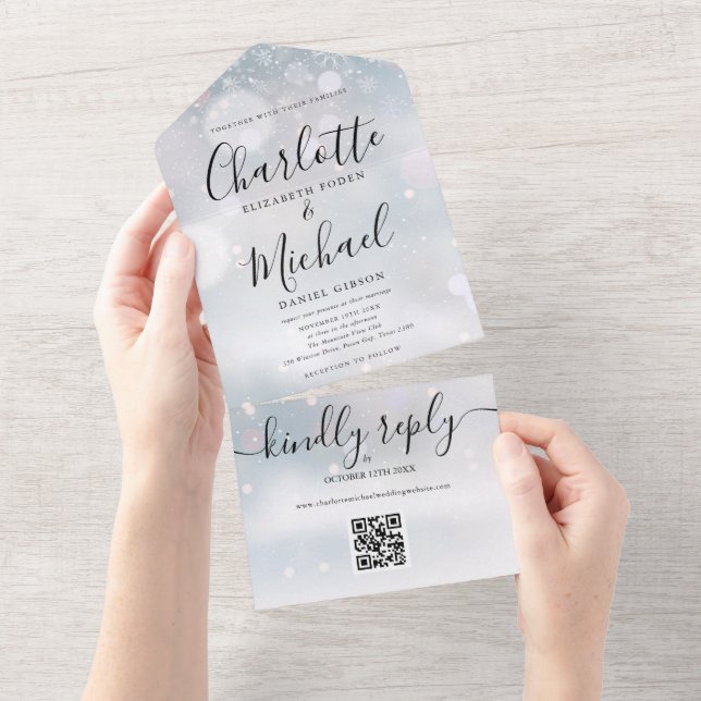 Winter Snowflakes QR Code Wedding All In One Invitation (Tearaway)