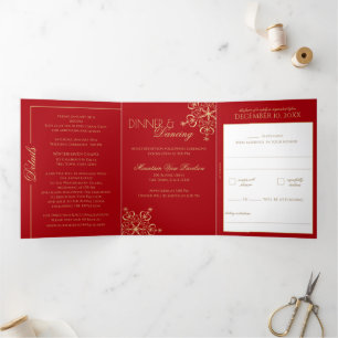 Winter Snowflakes Red and Gold Sparkle Tri-Fo Tri- Tri-Fold Card