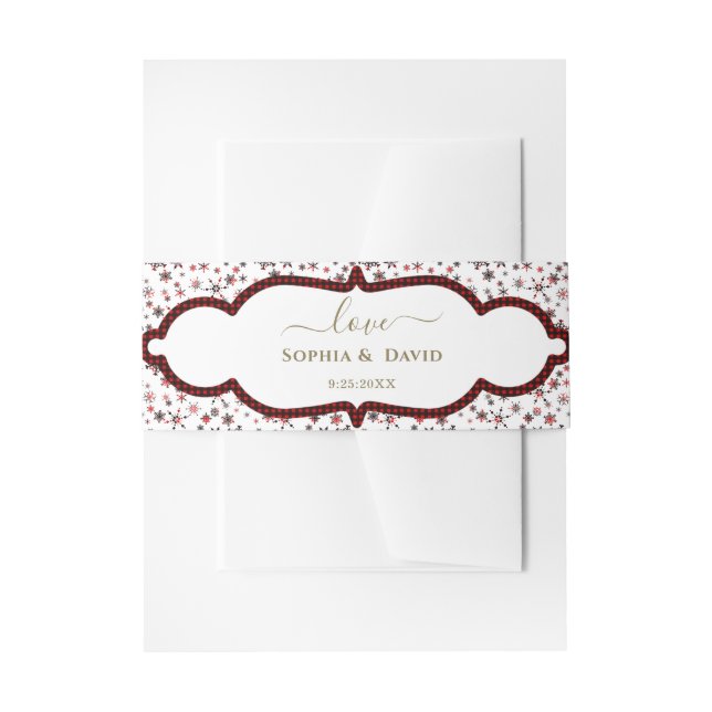 Winter Snowflakes Red Buffalo Christmas Wedding Invitation Belly Band (Front Example)