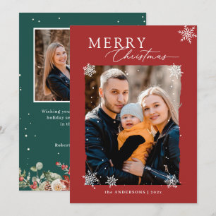Winter Snowflakes Red Green Merry Christmas Photo Holiday Card