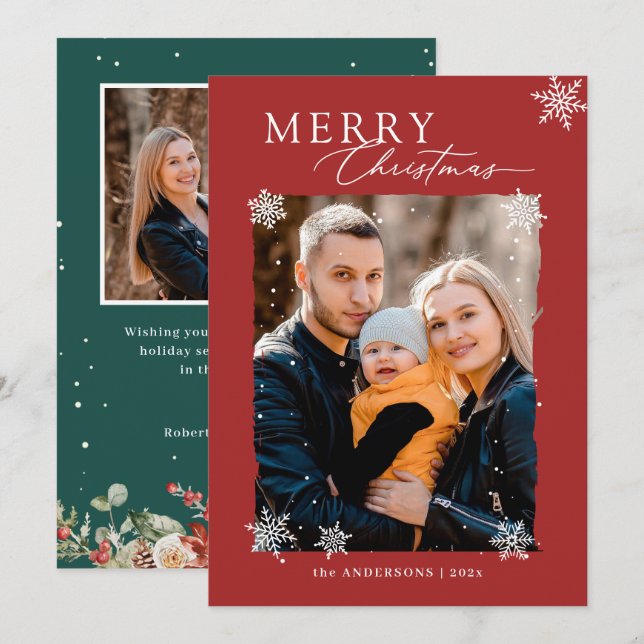 Winter Snowflakes Red Green Merry Christmas Photo Holiday Card (Front/Back)