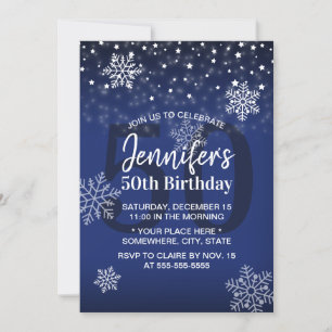 Winter Snowflakes Royal Blue 50th Birthday Invitation