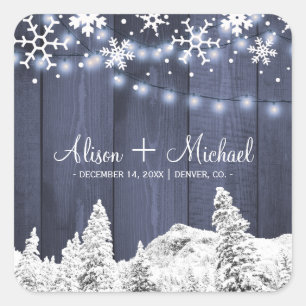 Winter snowflakes rustic barn wood hearts wedding square sticker