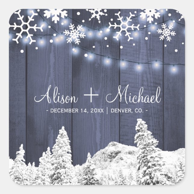 Winter snowflakes rustic barn wood hearts wedding square sticker (Front)