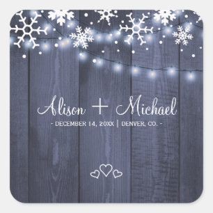 Winter snowflakes rustic barn wood hearts wedding square sticker