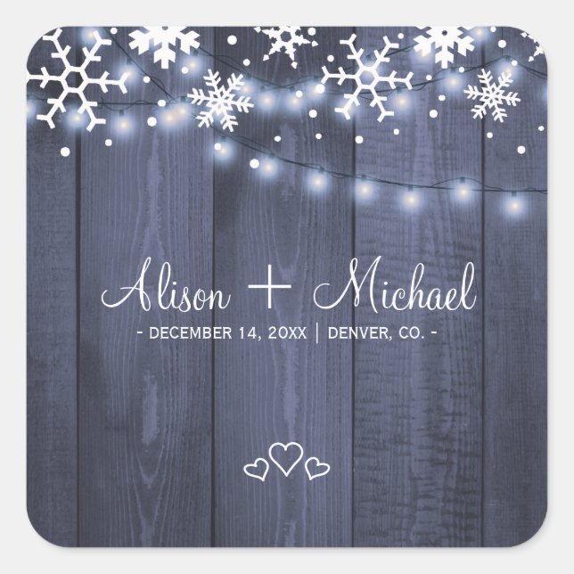 Winter snowflakes rustic barn wood hearts wedding square sticker (Front)