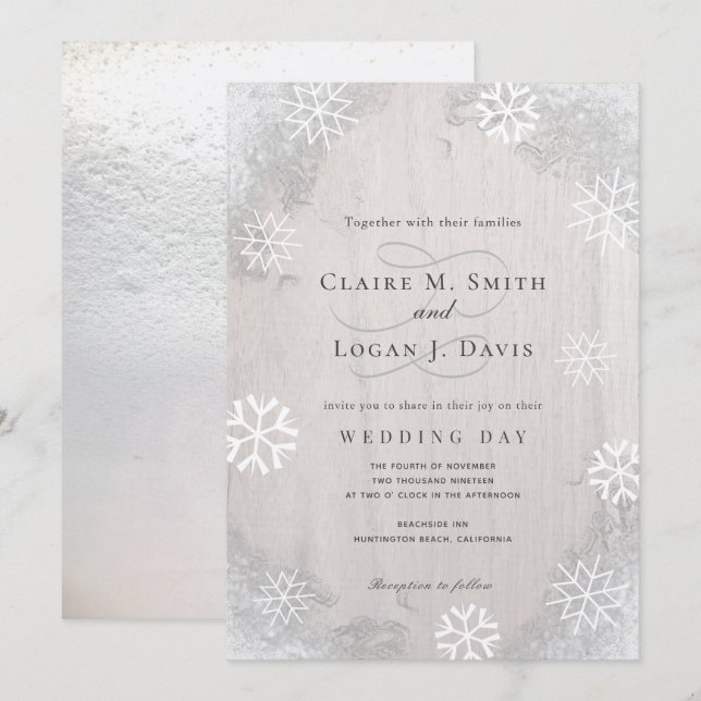Winter Snowflakes Rustic Light Grey Wood Wedding Invitation (Front/Back)