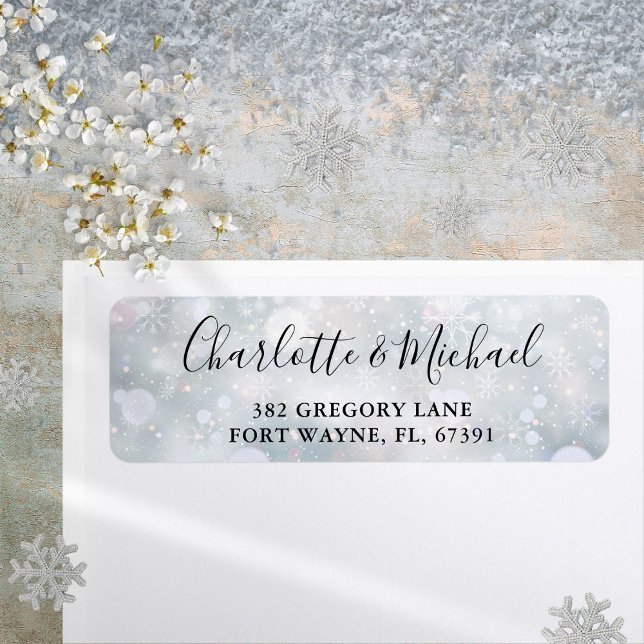 Winter Snowflakes Script Wedding Return Address (Winter Snowflakes Script Wedding Return Address Label)