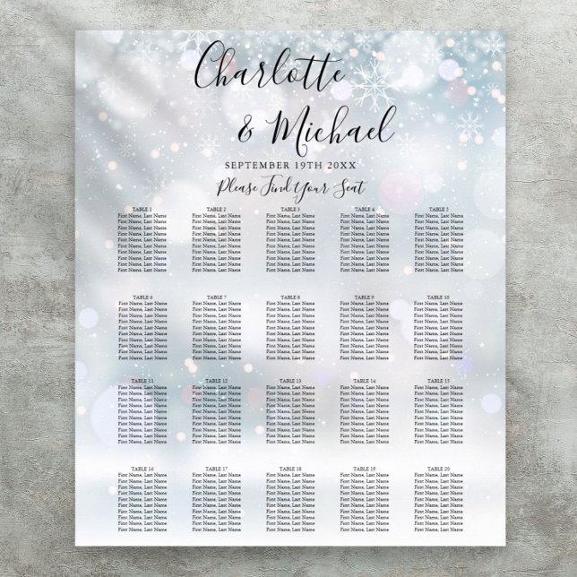 Winter Snowflakes Script Wedding Seating Chart