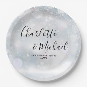 Winter Snowflakes Signature Script Wedding Paper Plate