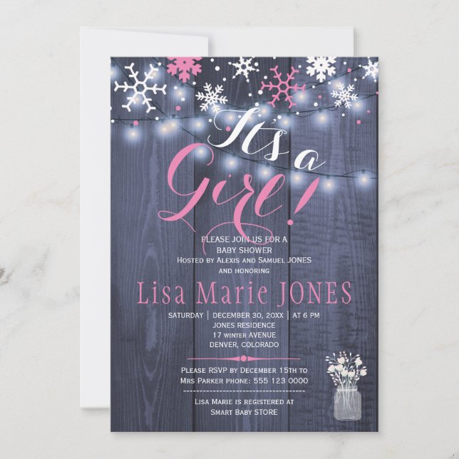 Winter snowflakes string lights girl baby shower invitation (Front)