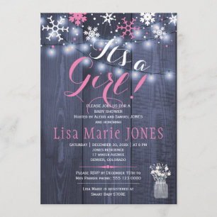 Winter snowflakes string lights girl baby shower invitation