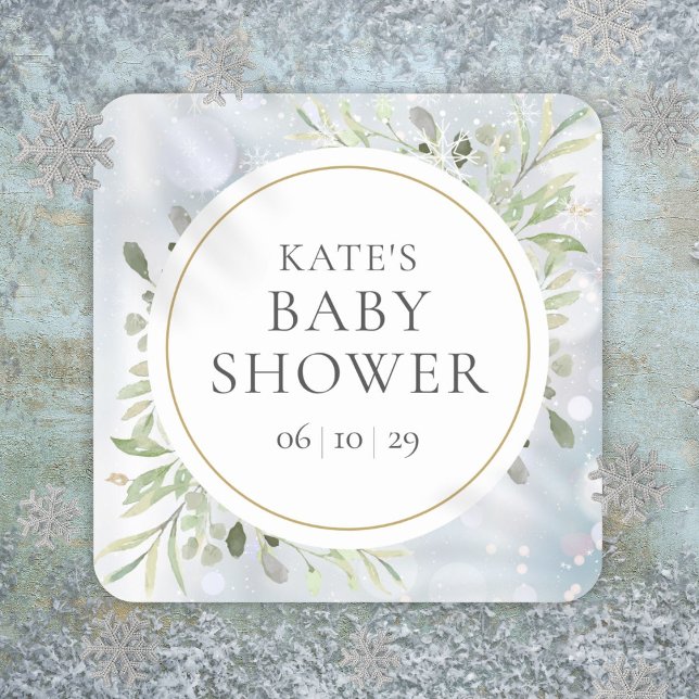 Winter Snowflakes Watercolour Greenery Baby Shower Square Sticker (Winter Snowflakes Watercolour Greenery Baby Shower Square Sticker
)