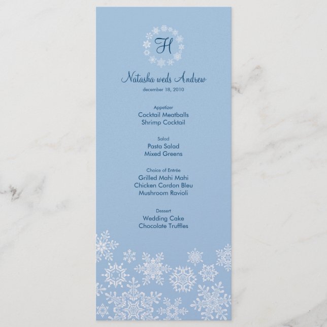 Winter Snowflakes Wedding Menu Card (Front)