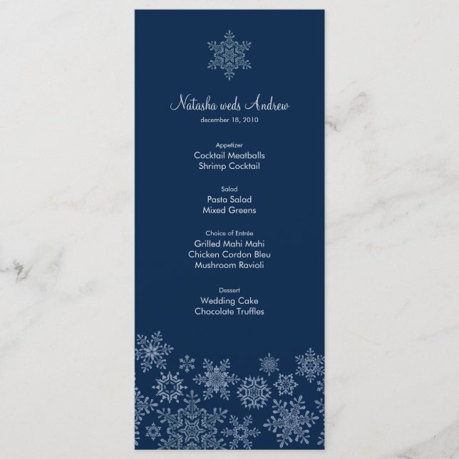 Winter Snowflakes Wedding Menu Card (Front)