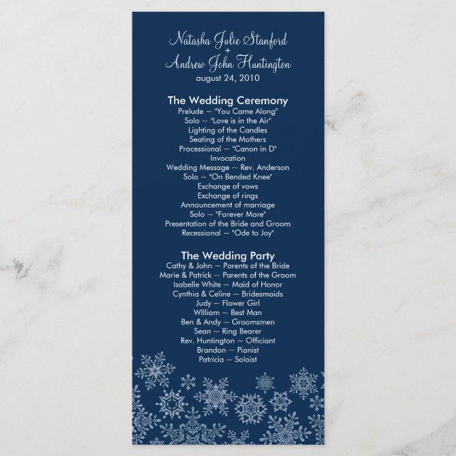 Winter Snowflakes Wedding Program Photo Keepsake Programme (Front)