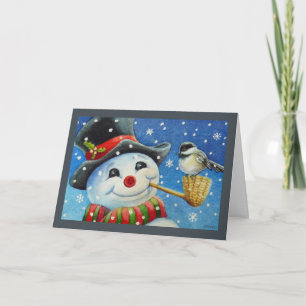 Winter Snowman and Chickadee Bird Watercolor Art Card