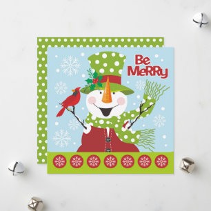 Winter Snowman and Red Cardinal Christmas  Holiday Card