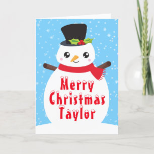 Winter Snowman Bright Blue Merry Christmas Holiday Card