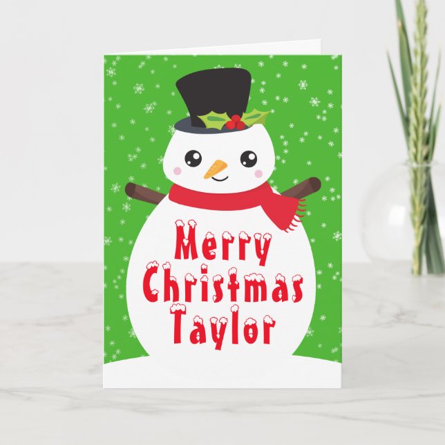 Winter Snowman Bright Green Merry Christmas Holida Holiday Card (Front)