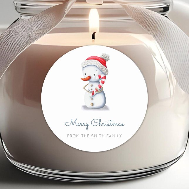 Winter Snowman Candy Cane Merry Christmas Classic Round Sticker (Creator Uploaded)